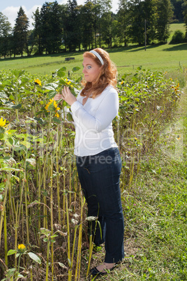 Schöne übergewichtige rothaarige Frau auf einem Sonnenblumenfeld.