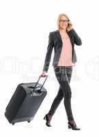 Geschäftsfrau mit Reisekoffer telefoniert