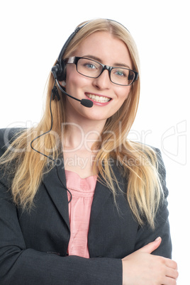 Blonde Frau am Headset