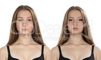 Photo of young girl before-after make up