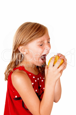 Girl like to eat an apple.