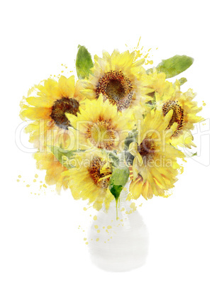 Watercolor Image Of Sunflowers Bouquet