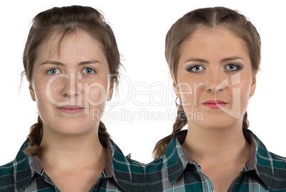 Photo of young woman before-after make up