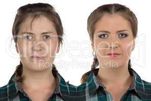 Photo of young woman before-after make up