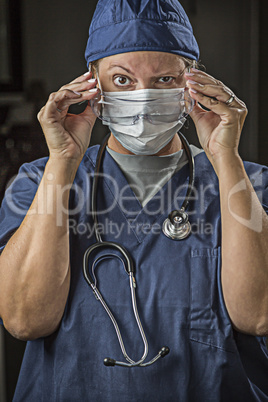 Female Doctor or Nurse Putting on Protective Facial Wear