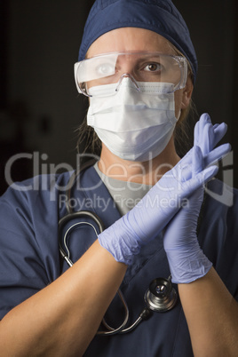 Concerned Female Doctor or Nurse Wearing Protective Facial Wear