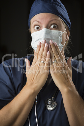 Shocked Female Doctor with Hands in Front of Mouth