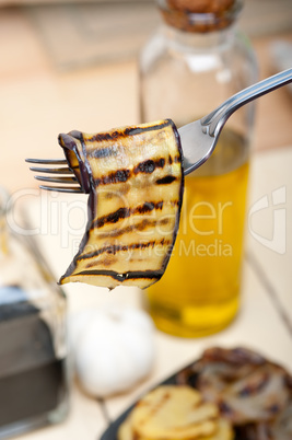 grilled eggplant oubergine on a fork