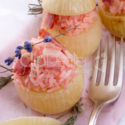 stuffed onions with pink rice