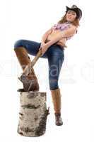 Photo of young woman chops wood