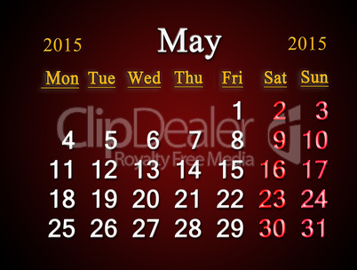 calendar on May of 2015 year on claret