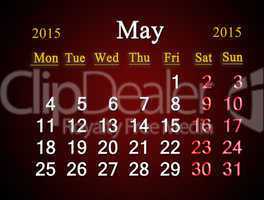 calendar on May of 2015 year on claret