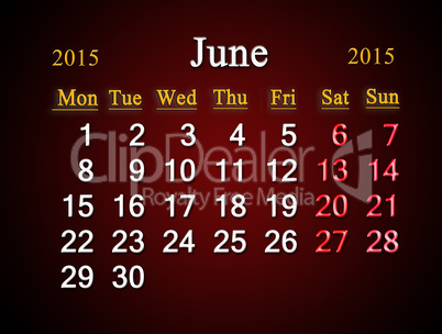 calendar on June of 2015 year on claret