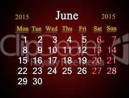 calendar on June of 2015 year on claret