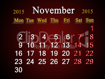 calendar on November of 2015 year on claret