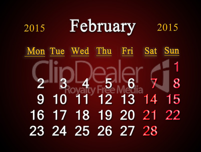 calendar on February of 2015 year on claret