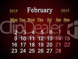 calendar on February of 2015 year on claret