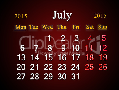 calendar on July of 2015 year on claret