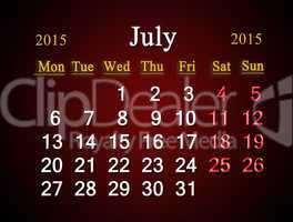 calendar on July of 2015 year on claret
