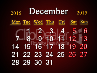 calendar on December of 2015 year on claret