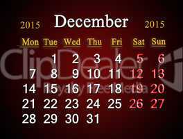 calendar on December of 2015 year on claret