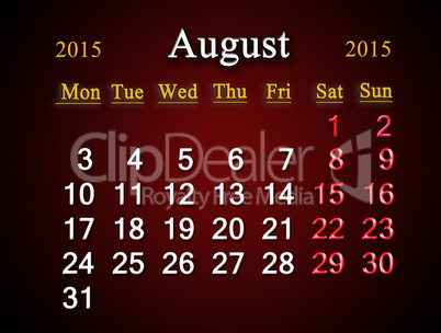calendar on August of 2015 year on claret
