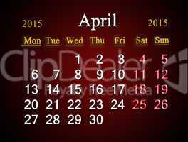 calendar on April of 2015 year on claret