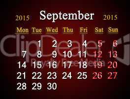 calendar on September of 2015 year on claret