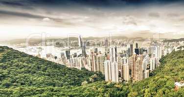 Panoramic view of Hong Kong cityscape on a beautiful sunny day