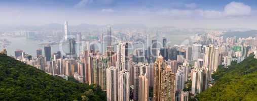 Panoramic view of Hong Kong cityscape on a beautiful sunny day