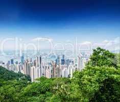 Panoramic view of Hong Kong cityscape on a beautiful sunny day