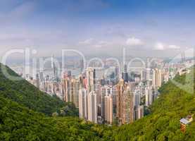Panoramic view of Hong Kong cityscape on a beautiful sunny day