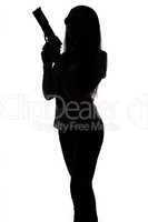 Silhouette of spy woman with gun