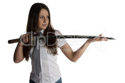 Photo of young woman looking at blade