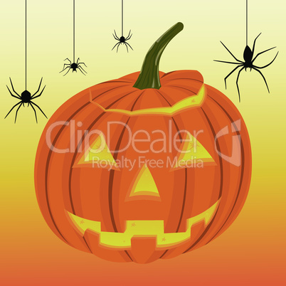 Halloween pumpkin and black spiders on the web