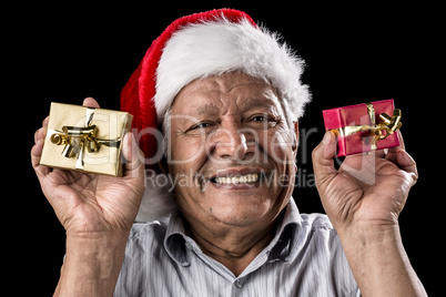 Smiling Aged Man Holding Two Small Xmas Gifts