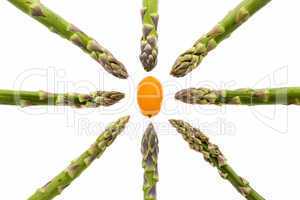 Eight Asparagus Spears Aiming at One Kumquat