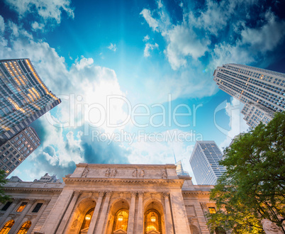 New York Public Library exterior with trees and surrounding buil