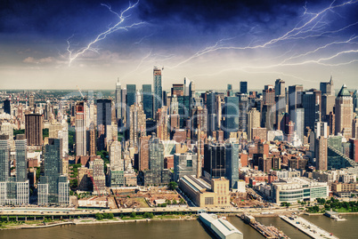 Aerial view from helicopter of New York Skyline during a storm
