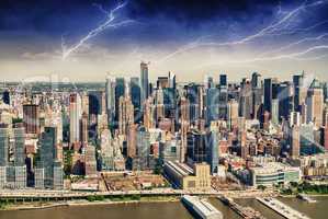 Aerial view from helicopter of New York Skyline during a storm