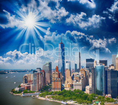 New York City Manhattan downtown aerial panorama view with skysc