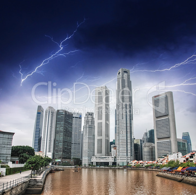 Singapore river and skyline. Beautiful view during a storm