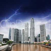 Singapore river and skyline. Beautiful view during a storm