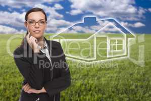 Woman and Grass Field with Ghosted House Figure Behind