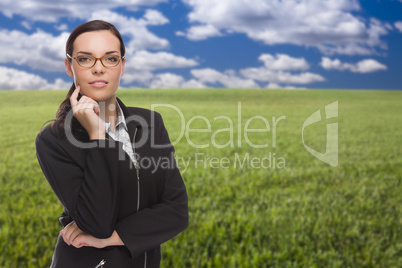 Confident Woman in Grass Field Looking At Camera