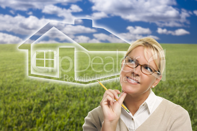 Woman and Grass Field with Ghosted House Figure Behind