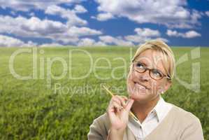 Contemplative Woman in Grass Field Looking Up and Over
