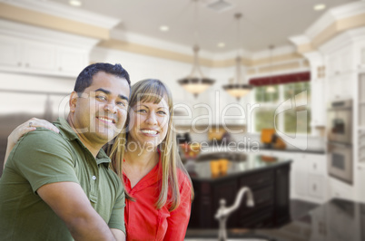 Mixed Race Couple Inside Beautiful Custom Kitchen