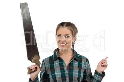 Photo of young woman with the hand saw