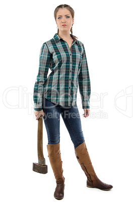 Photo of serious woman with axe